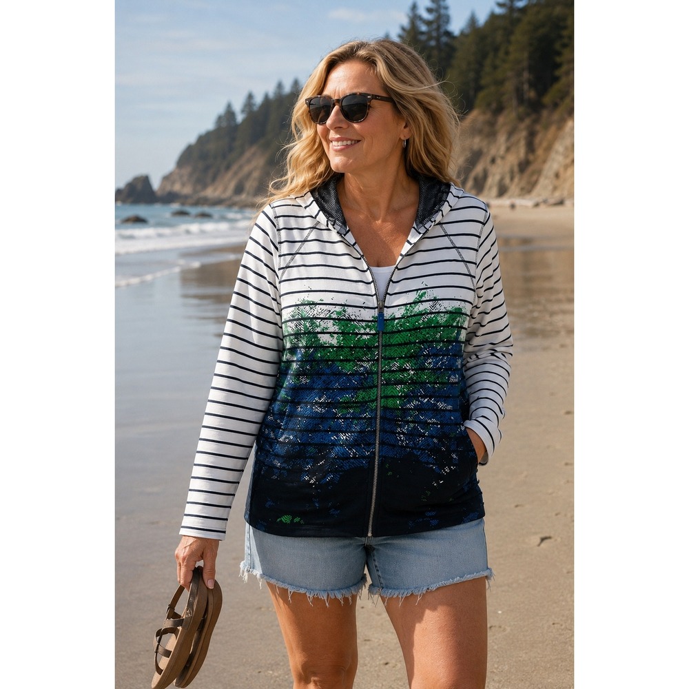Onque Casual XL Hooded Zip Jacket Blue Green Coastal Stripe Lightweight Hoodie
